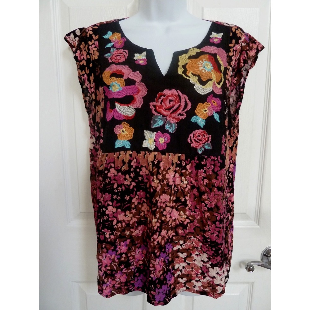 SAVANNA JANE Sz Large Embroidered Gauzy Colorful Boho Top Peasant Dark Floral